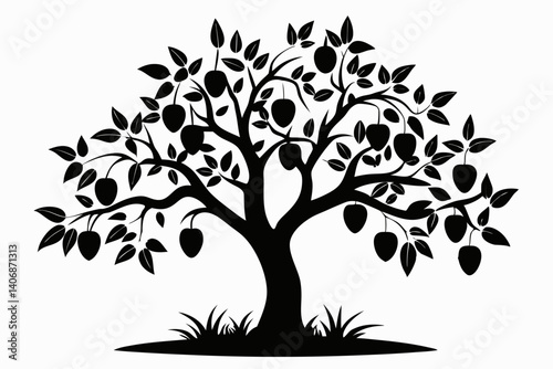 plum tree silhouette line art vector illustration