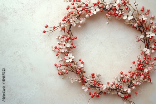 Wreath of tiny flowers and berries on soft textured background showcasing Lapki illustration style for a charming decoration photo
