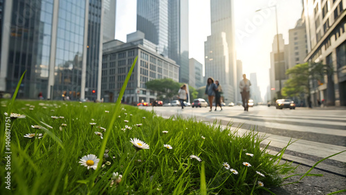 Lush Green Grass with Daisies in Front of a Bustling Cityscape