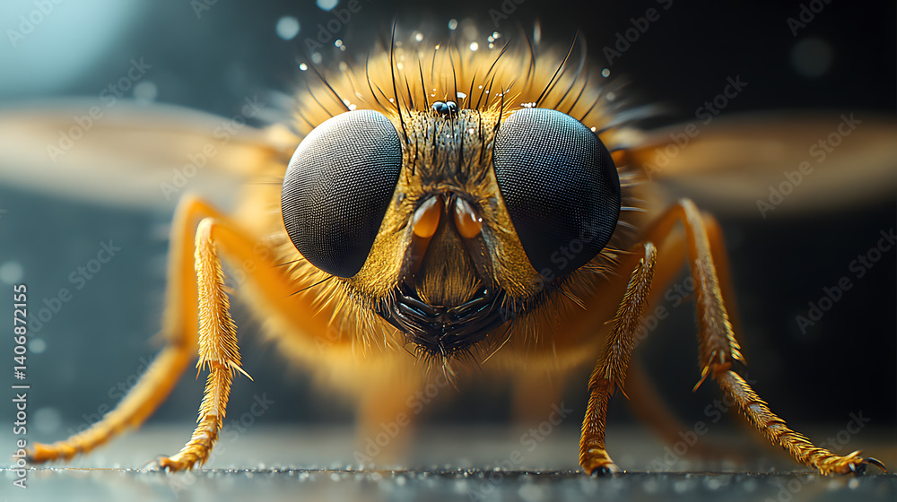 A macro photography of a housefly resting on a windowpane, capturing its compound eyes, delicate wings, and detailed hairy legs in sharp focus.