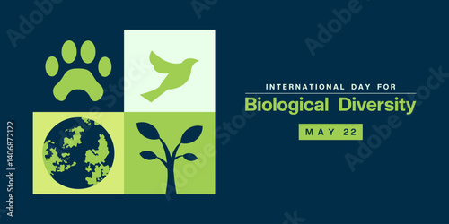 May 22th is International Day For Biological Diversity. Great for posters, banners, social media and more. Dark blue background.