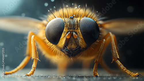 Obraz na płótnie A macro photography of a housefly resting on a windowpane, capturing its compound eyes, delicate wings, and detailed hairy legs in sharp focus. w salonie