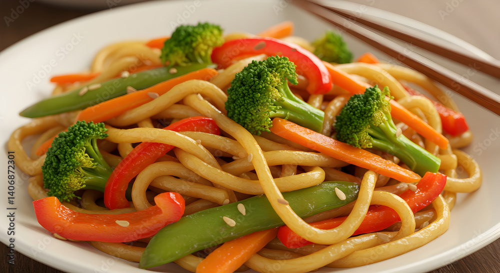 Stir Fried Noodles With Fresh Colorful Vegetables and Sesame Seeds On Plate Stir Fried Noodles With Fresh Colorful Vegetables and Sesame Seeds On Plate