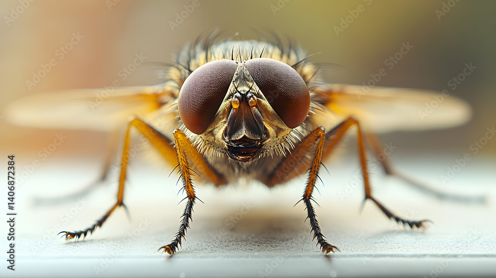A macro photography of a housefly resting on a windowpane, capturing its compound eyes, delicate wings, and detailed hairy legs in sharp focus.