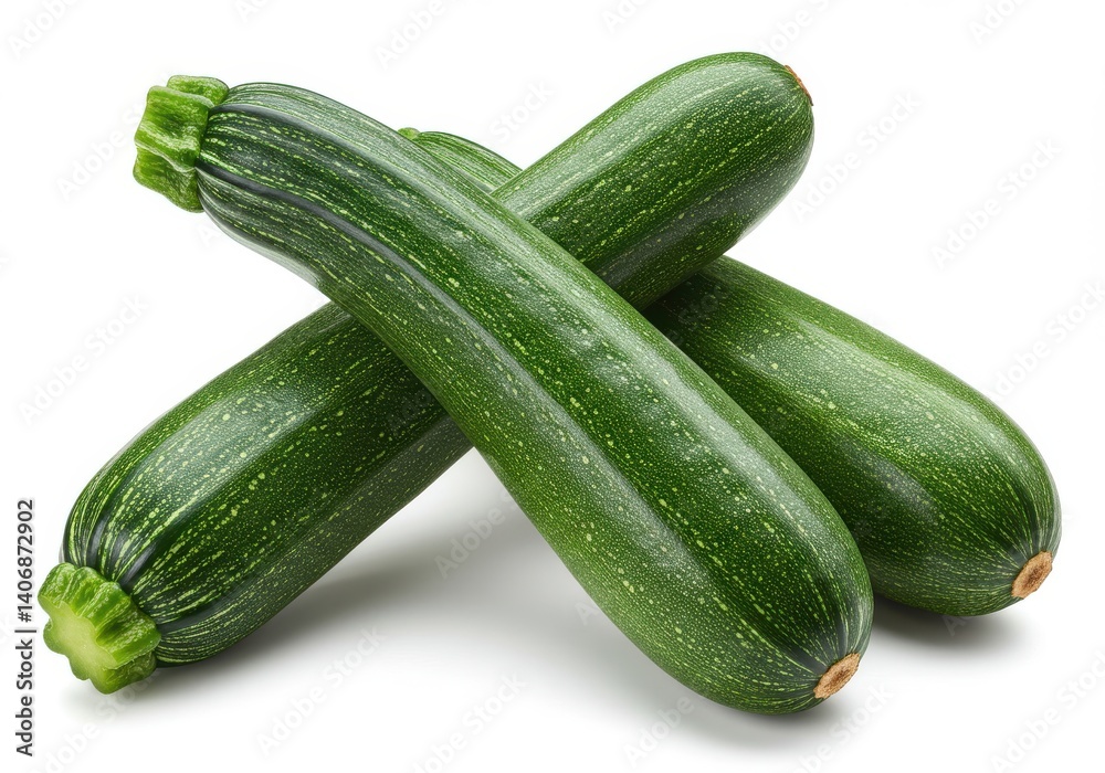 Three zucchini vegetables stacked on top of each other on a plain white surface in a close up shot Three zucchini vegetables stacked on top of each other on a plain white surface in a close up shot