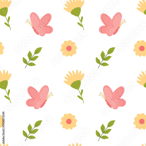 Simple girly seamless pattern with flowers and butterfly. Repeated floral print.  Cute vector illustration with plants.