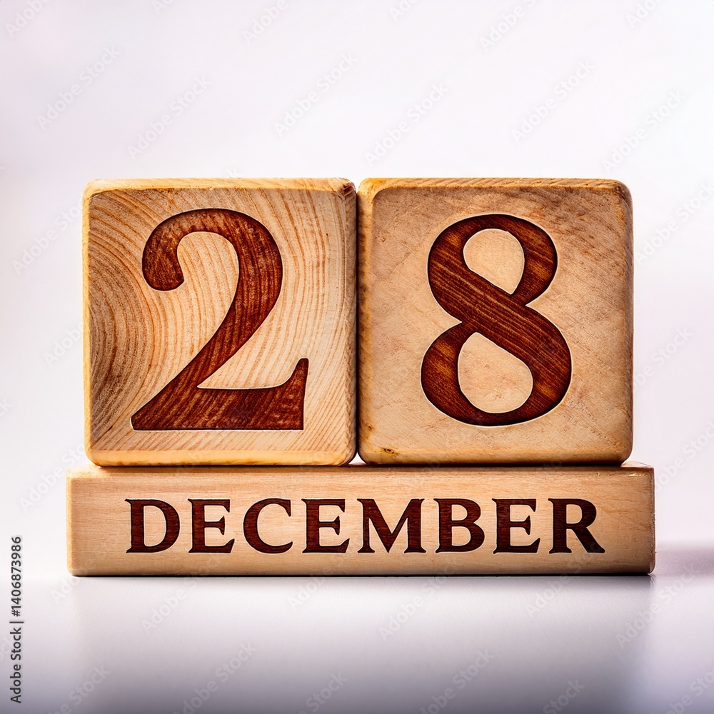 Minimalist photo of wooden blocks with date 28 December. Day and month, calendar on white background