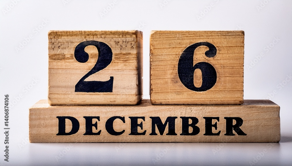 Minimalist photo of wooden blocks with date 26 December. Day and month, calendar on white background Minimalist photo of wooden blocks with date 26 December. Day and month, calendar on white background