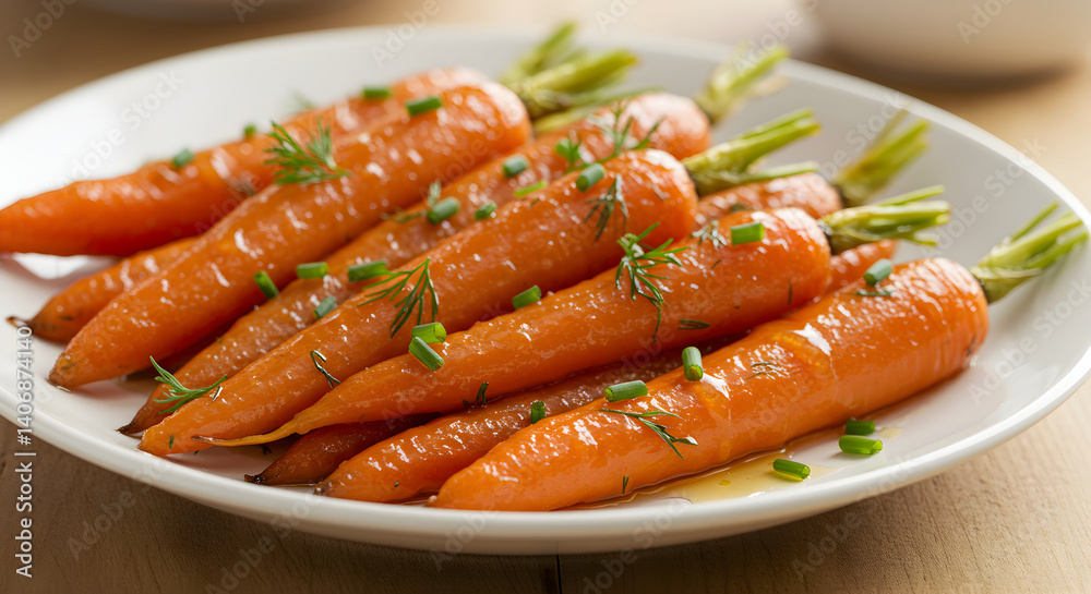 Honey Glazed Carrots Garnished With Fresh Herbs on a White Plate Honey Glazed Carrots Garnished With Fresh Herbs on a White Plate