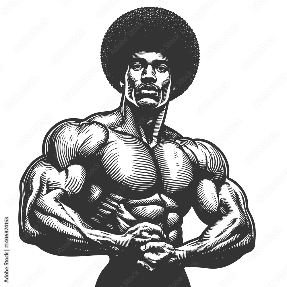 Obraz premium highly muscular man with an afro hairstyle flexing his bicep, symbolizing strength, fitness, and bodybuilding sketch engraving generative ai raster illustration. Scratch board. Black and white image.