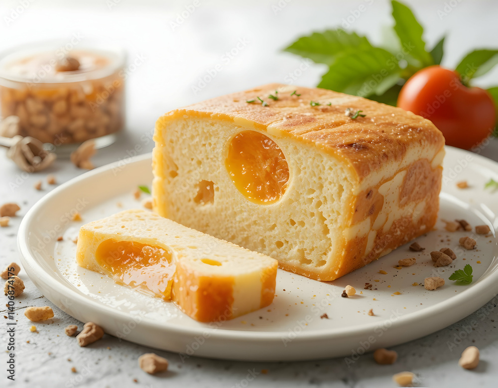Delicious Cake with Orange Filling and a Slice on a White Plate Delicious Cake with Orange Filling and a Slice on a White Plate