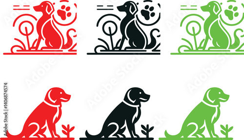 Minimalist dog silhouettes, stylized canine icons, red green and black color scheme, simple geometric shapes, clean lines, vector graphics style, logo design inspiration, modern pet illustrations, con