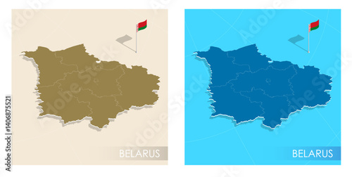 Belarus country flag installed on geographic positioning map point of country territory. Belarusian commonwealth banner on land and sea. Festive patriotic HD format template for independence day