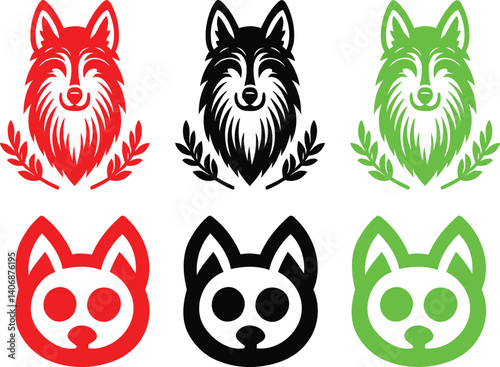 Minimalist dog silhouettes, stylized canine icons, red green and black color scheme, simple geometric shapes, clean lines, vector graphics style, logo design inspiration, modern pet illustrations, con