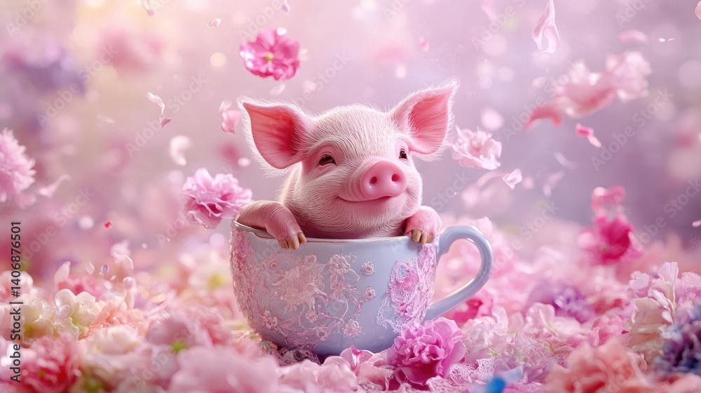 A tiny piglet in a teacup, surrounded by pastel-colored flowers and lace A tiny piglet in a teacup, surrounded by pastel-colored flowers and lace