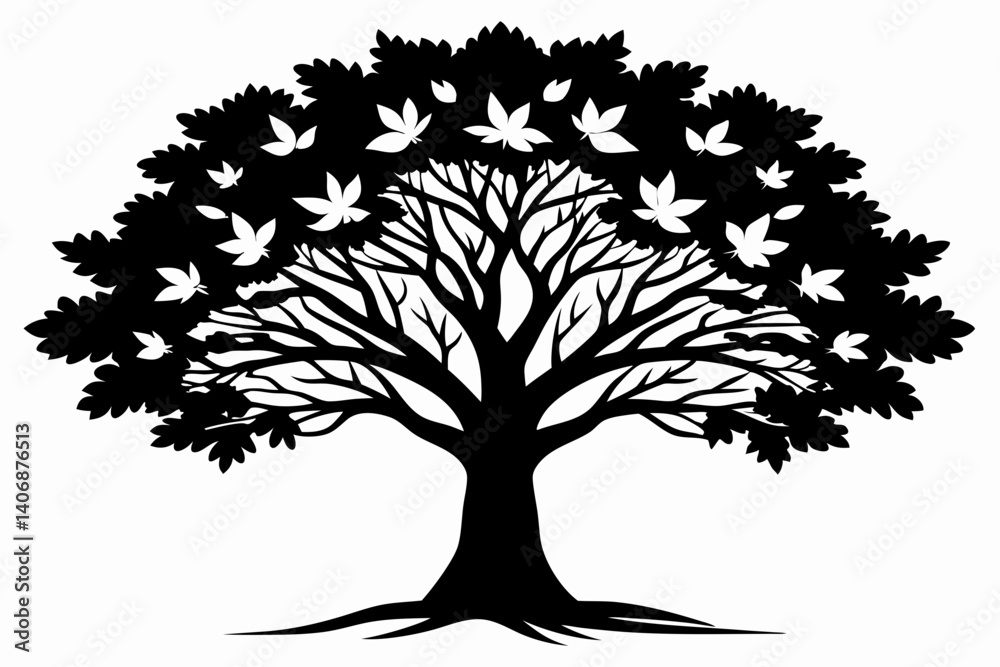 Fototapeta premium teak tree silhouette line art vector illustration