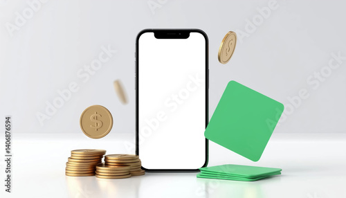 A sleek smartphone is surrounded by flying coins and a green credit card, symbolizing digital transactions, financial technology, and modern payment methods.
