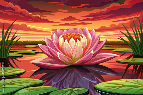 pink water lily in pond at sunset time, Flat style vector illustration, orange and red sky with clouds