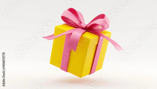 A vibrant yellow gift box adorned with a bright pink ribbon bow floats against a clean white background, symbolizing joy, celebration, and the spirit of giving.