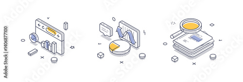 Three detailed isometric line icons illustrate various data analysis concepts, including graphs, charts, and report analytics. Vector illustration