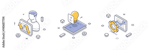 Three isometric line icons represent essential business solutions. Data analysis, innovative ideas, process improvement. Vector illustration