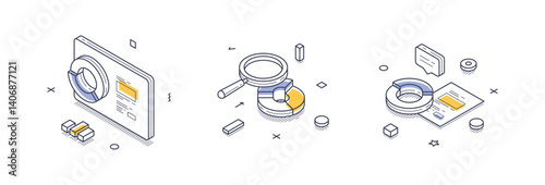 Complex isometric line icons represent various aspects of data analysis. Vector illustrations showcase elements such as charts, magnifying glasses, and documents, all designed for infographics