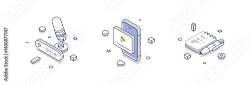 Essential tools for content creation, artwork features a microphone for audio recording, a smartphone for capturing video, and a notebook for planning and notes. Modern isometric line icons