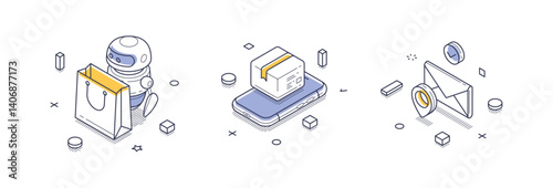 Delivery service elements, including a robot carrying a shopping bag, a parcel on a smartphone, and an envelope symbolizing communication. Isometric line vector illustration