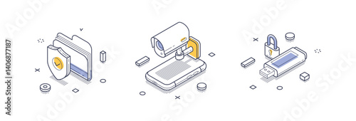 Isometric line icons illustrating key elements of data protection, including a shield, a lock, and a USB drive.