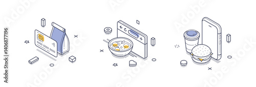 Isometric line icons illustrating essential components of food delivery, including a payment card, a bowl of food, and a smartphone with a beverage and burger