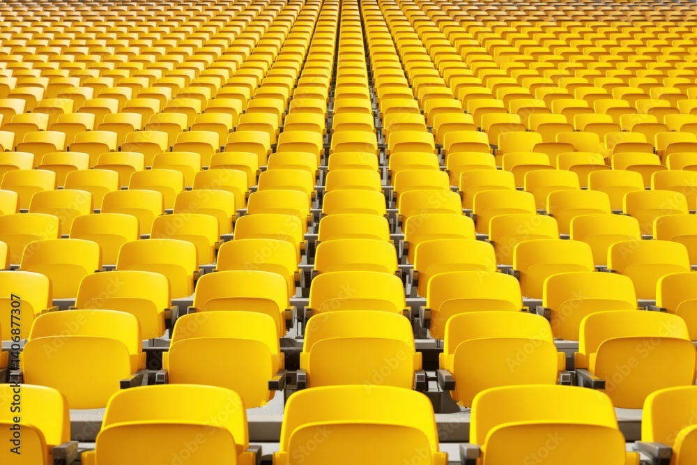 Fototapeta premium Rows of empty yellow stadium seats creating a repetitive pattern.
