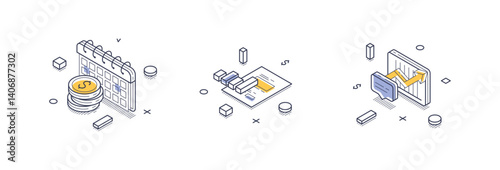 Isometric line icons illustrate key elements of financial reporting, including calendars, currency, and analytical charts. The modern design emphasizes clarity and informative layouts.