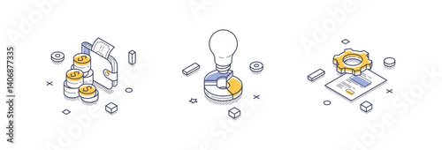 Isometric line icons related to business startup tasks, including financial elements, idea generation, and documentation processes.