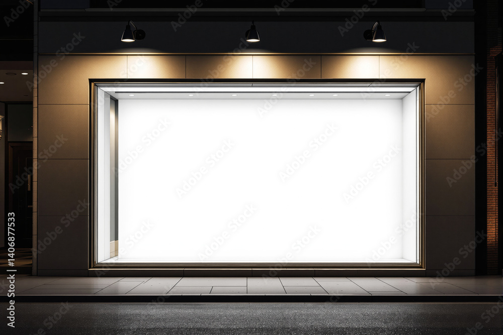 Blank illuminated storefront display mockup at night.