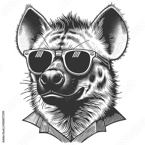 stylish hyena wearing sunglasses, blending humor and wildlife with a detailed vintage illustration aesthetic sketch engraving generative ai vector illustration. Scratch board. Black and white image.