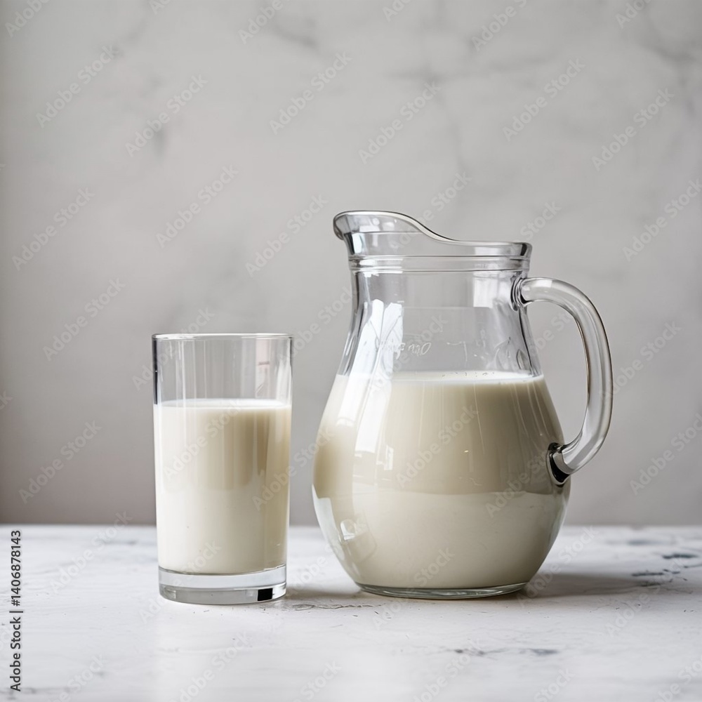 A minimalistic composition features a clear glass pitcher and tall glass filled with fresh white milk, showcasing the creamy texture of the milk. A minimalistic composition features a clear glass pitcher and tall glass filled with fresh white milk, showcasing the creamy texture of the milk.
