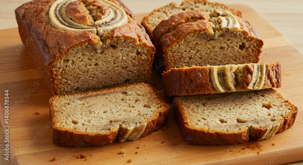 Golden Homemade Banana Bread Displayed on a Rustic Wooden Cutting Board Golden Homemade Banana Bread Displayed on a Rustic Wooden Cutting Board
