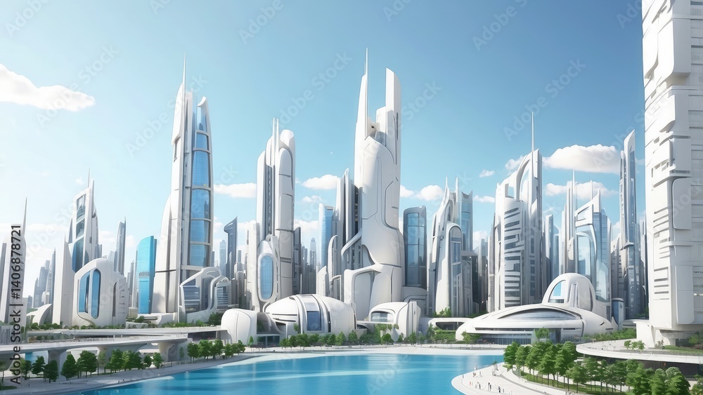 Fototapeta premium a close up of a city with a lot of tall buildings, 3 d city, white pale concrete city