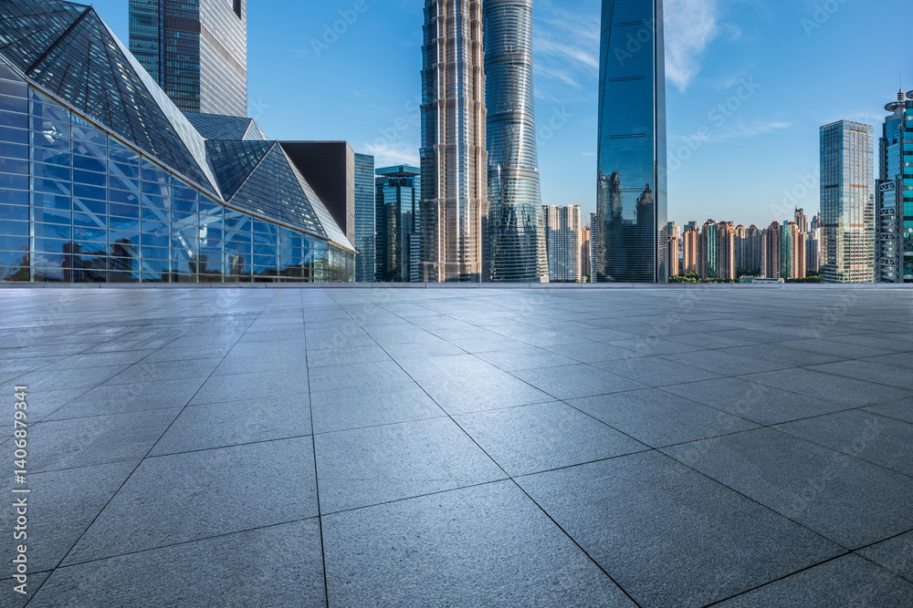 Empty square floor and cityscape with skyscraper background