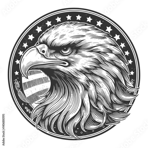 eagle head inside a circular emblem, featuring stars and a striped American shield sketch engraving generative ai vector illustration. Scratch board imitation. Black and white image.