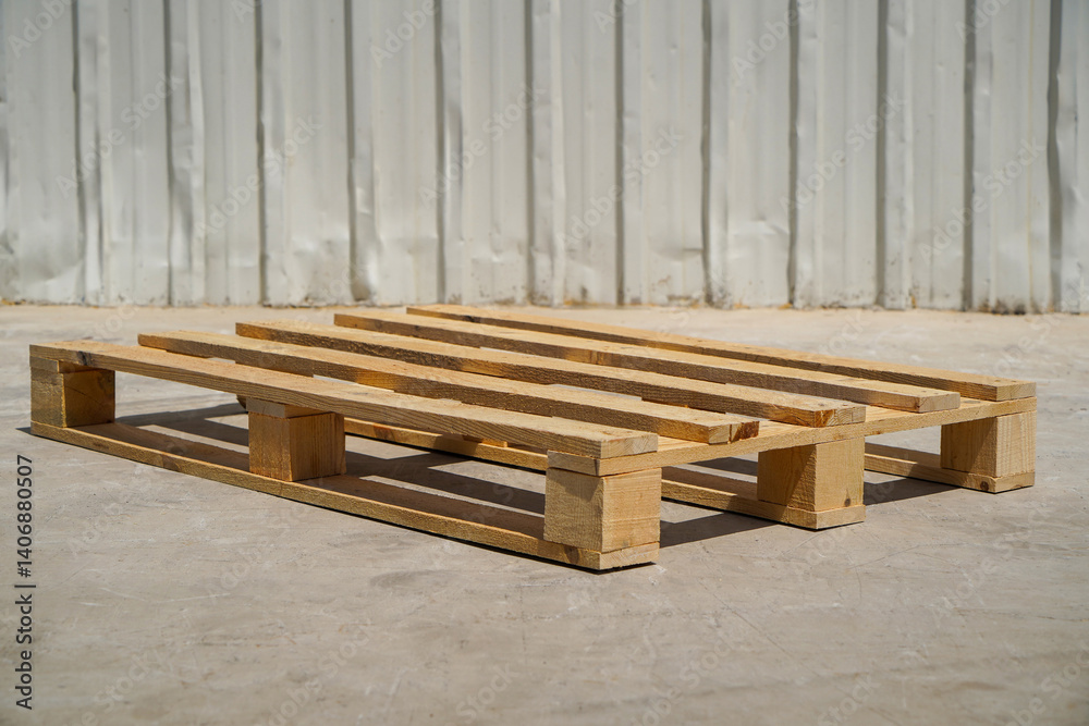Fototapeta premium Stacked Wooden Pallets in an Outdoor Industrial Setting on a Clear Day