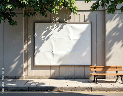 Street poster mockup with bench and tree shadow