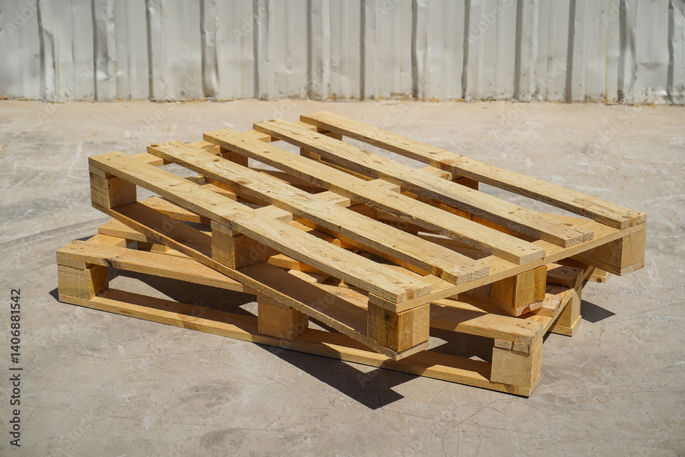 Stacked Wooden Pallets in an Outdoor Industrial Setting on a Clear Day