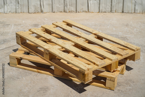 Stacked Wooden Pallets in an Outdoor Industrial Setting on a Clear Day