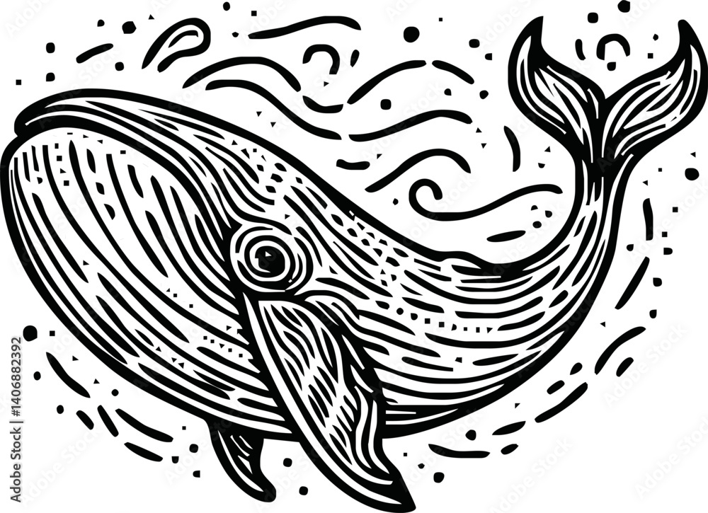 Fototapeta premium Humpback whale, line art isolated on white background. Minimal abstract whale linear sketch drawing.