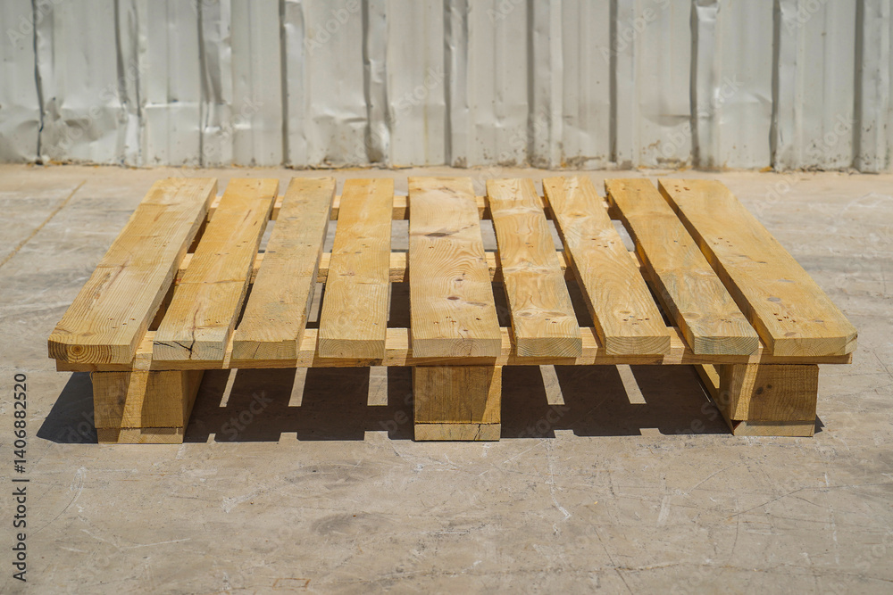 Wooden Pallet on a Warehouse Floor with Metal Wall Background