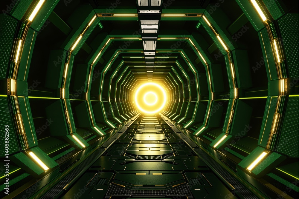 Futuristic sci-fi tunnel with glowing yellow light at the end.