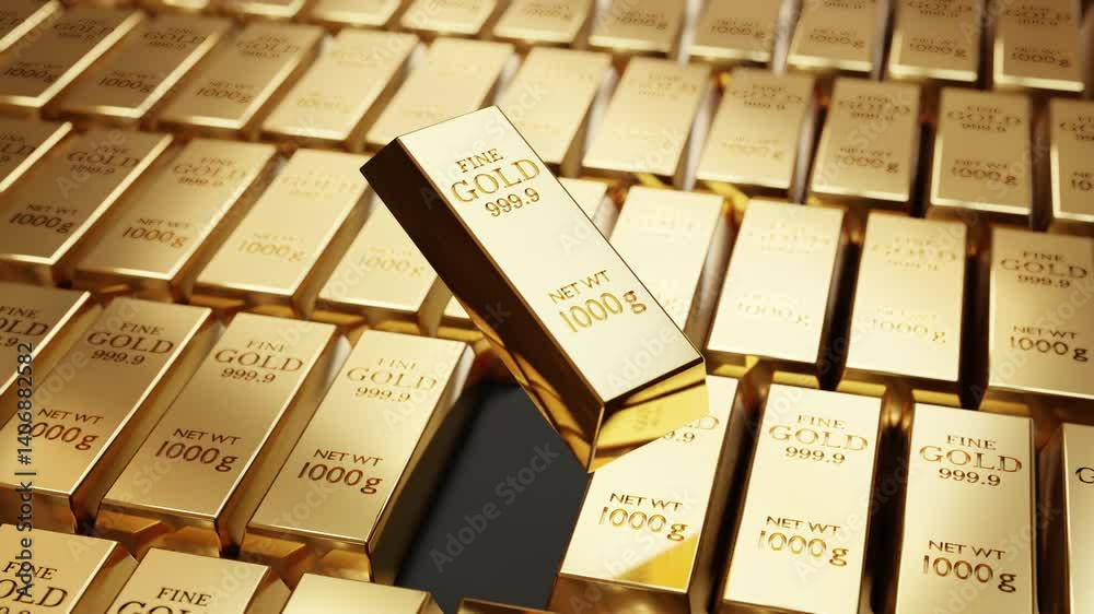 3D animation of a gold bar rising smoothly among other stacked gold bars, representing wealth, investment, and financial growth. 3D animation of a gold bar rising smoothly among other stacked gold bars, representing wealth, investment, and financial growth.