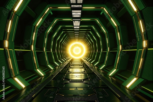Obraz na płótnie Futuristic sci-fi tunnel with glowing yellow light at the end. w salonie