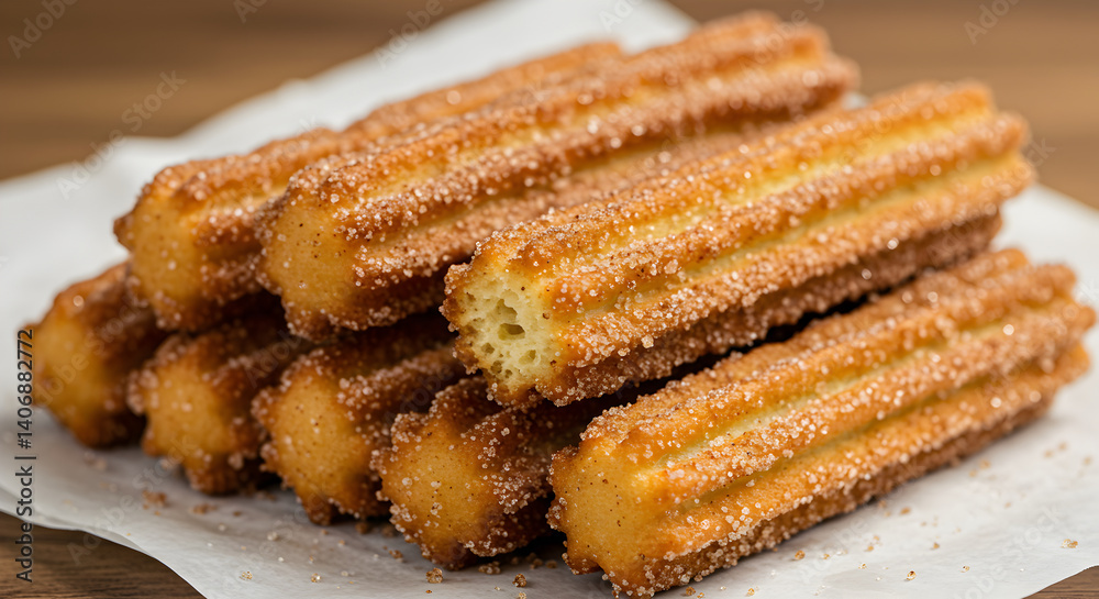 Stacked Churros Delights Cinnamon Sugar Coated on a Paper Rustic Table Stacked Churros Delights Cinnamon Sugar Coated on a Paper Rustic Table